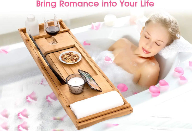 Bamboo Bathtub Caddy Tray with Extending Sides, Cellphone Tray and Wineglass Holder，Free Soap Holder - Puck's