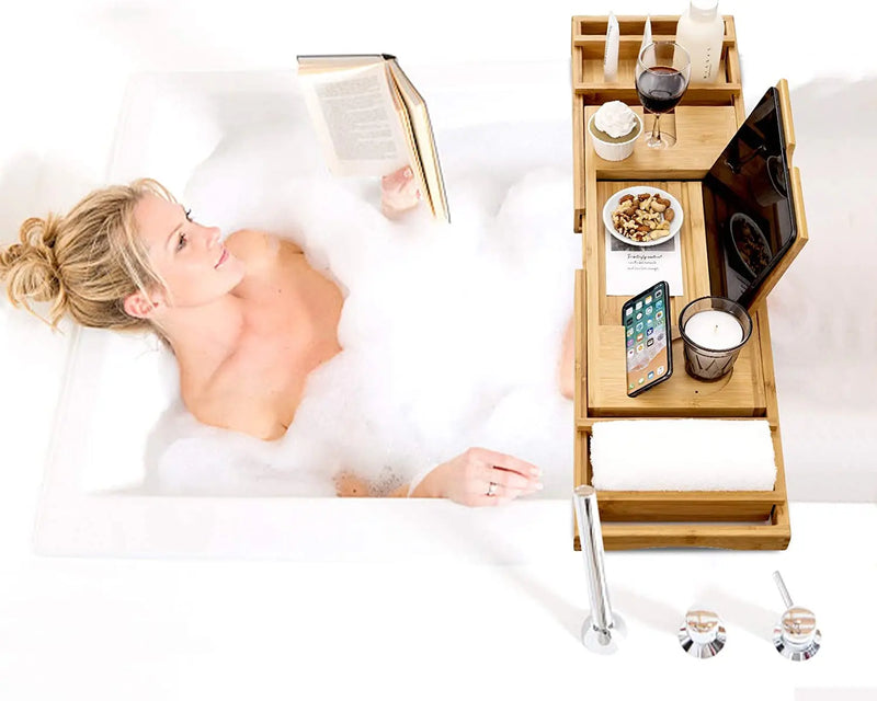 Bamboo Bathtub Caddy Tray with Extending Sides, Cellphone Tray and Wineglass Holder，Free Soap Holder - Puck's