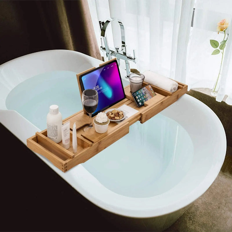 Bamboo Bathtub Caddy Tray with Extending Sides, Cellphone Tray and Wineglass Holder，Free Soap Holder - Puck's