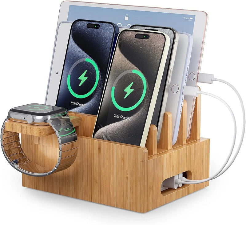 Bamboo Charging Station Rack, Wooden Dock Stand for Cell Phones, Tablets, Smart Watch and Earpod, Multi Charge Organizer Stand, Include Wire Cables - Puck's