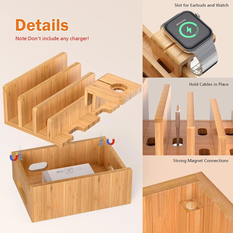 Bamboo Charging Station Rack, Wooden Dock Stand for Cell Phones, Tablets, Smart Watch and Earpod, Multi Charge Organizer Stand, Include Wire Cables - Puck's