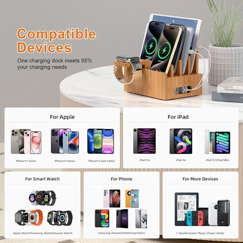 Bamboo Charging Station Rack, Wooden Dock Stand for Cell Phones, Tablets, Smart Watch and Earpod, Multi Charge Organizer Stand, Include Wire Cables - Puck's