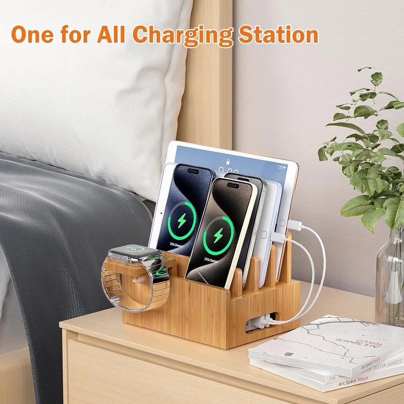 Bamboo Charging Station Rack, Wooden Dock Stand for Cell Phones, Tablets, Smart Watch and Earpod, Multi Charge Organizer Stand, Include Wire Cables - Puck's