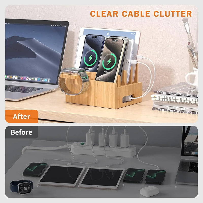 Bamboo Charging Station Rack, Wooden Dock Stand for Cell Phones, Tablets, Smart Watch and Earpod, Multi Charge Organizer Stand, Include Wire Cables - Puck's