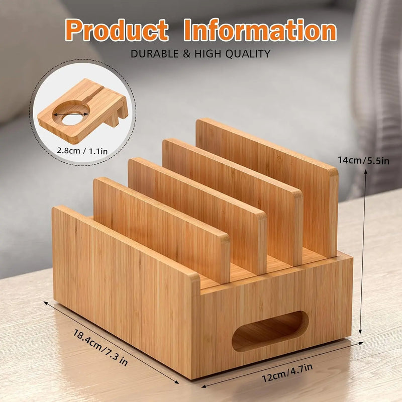 Bamboo Charging Station Rack, Wooden Dock Stand for Cell Phones, Tablets, Smart Watch and Earpod, Multi Charge Organizer Stand, Include Wire Cables - Puck's