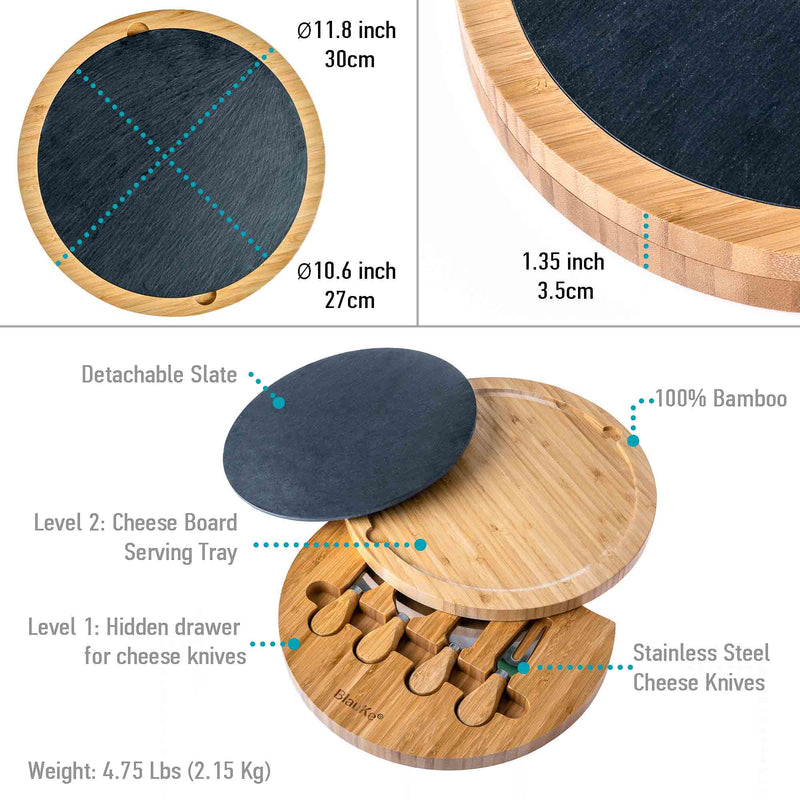 Round Bamboo Cheese Board with Knife Set and Removable Slate - 12 inch - Puck's