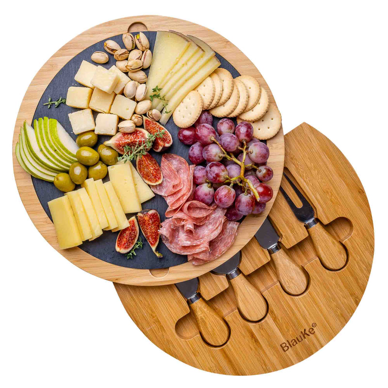 Round Bamboo Cheese Board with Knife Set and Removable Slate - 12 inch - Puck's