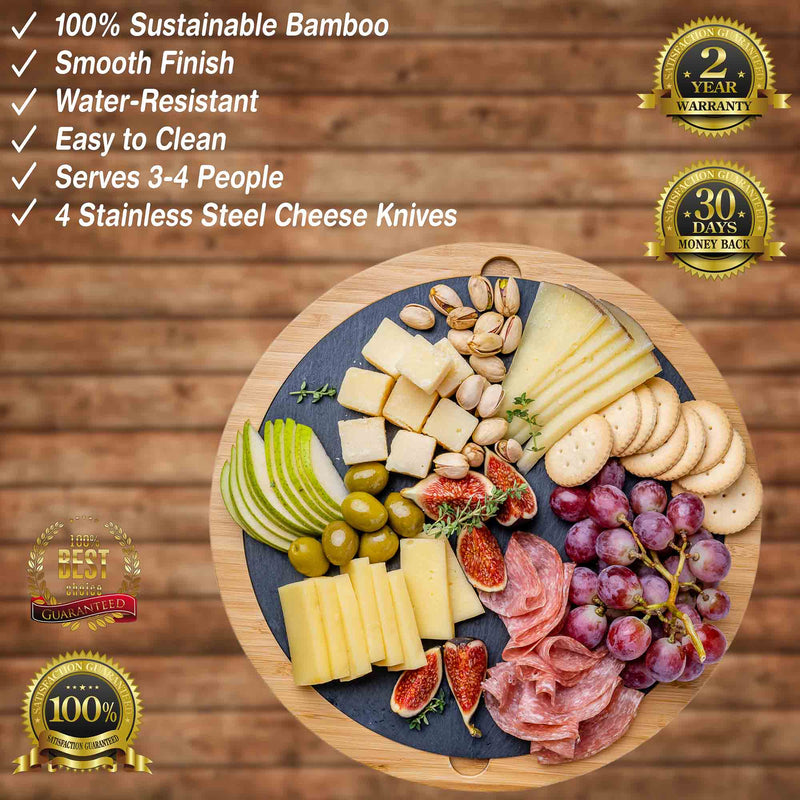 Round Bamboo Cheese Board with Knife Set and Removable Slate - 12 inch - Puck's