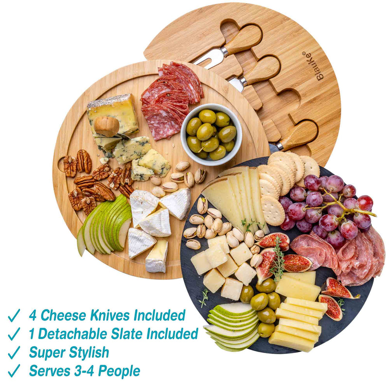 Round Bamboo Cheese Board with Knife Set and Removable Slate - 12 inch - Puck's