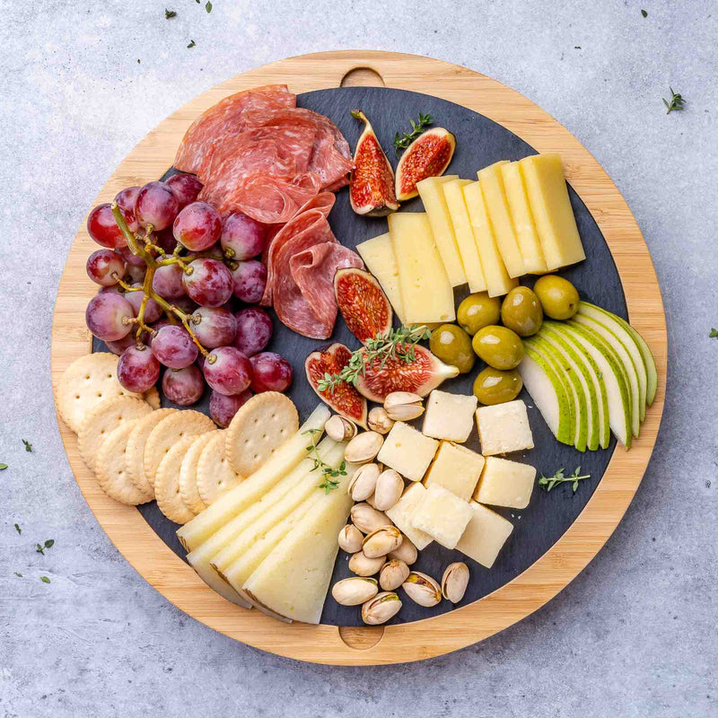 Round Bamboo Cheese Board with Knife Set and Removable Slate - 12 inch - Puck's
