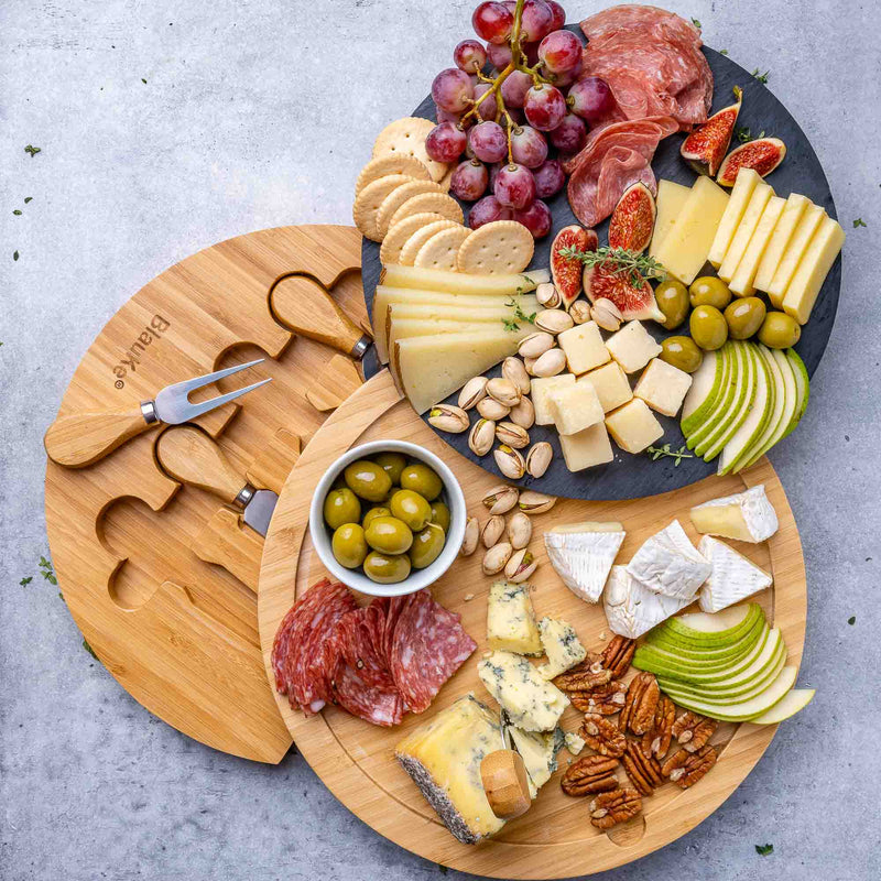 Round Bamboo Cheese Board with Knife Set and Removable Slate - 12 inch - Puck's