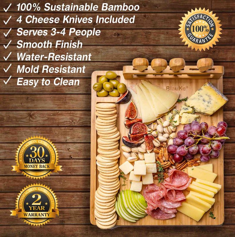 Bamboo Cheese Board and Knife Set - 14x11 inch Charcuterie Board with - Puck's