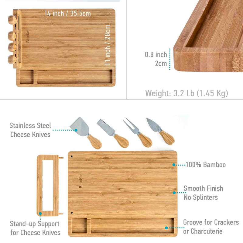 Bamboo Cheese Board and Knife Set - 14x11 inch Charcuterie Board with - Puck's