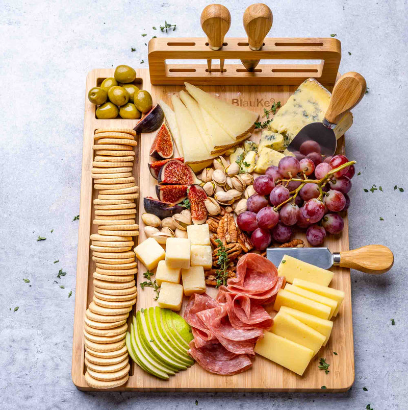 Bamboo Cheese Board and Knife Set - 14x11 inch Charcuterie Board with - Puck's