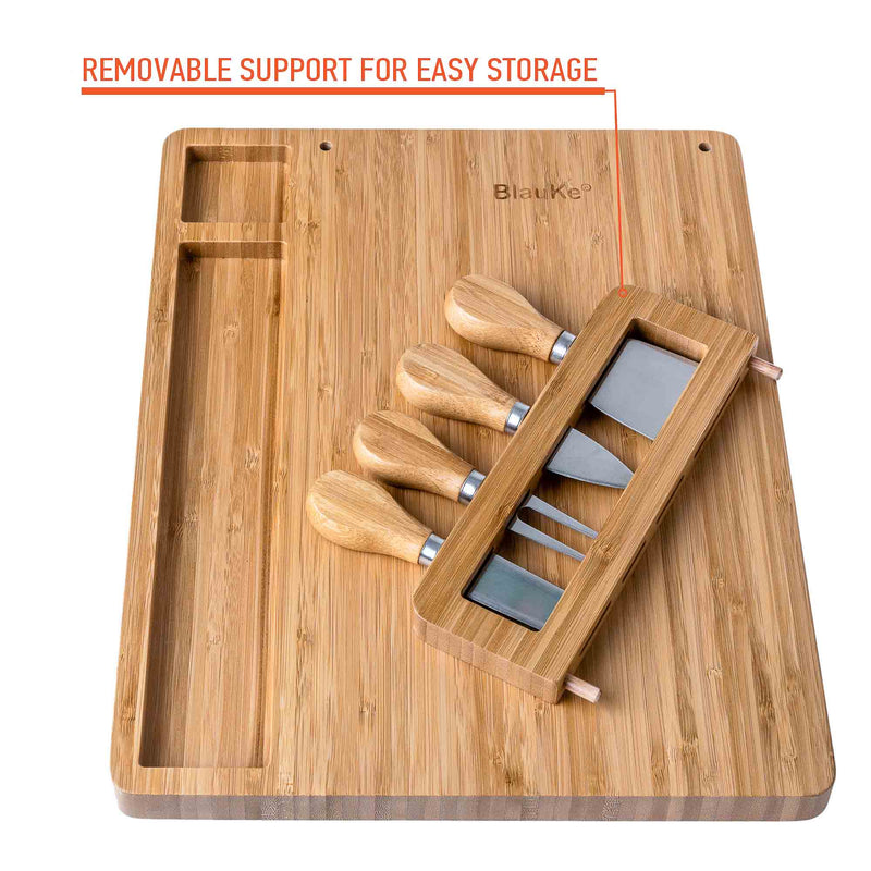 Bamboo Cheese Board and Knife Set - 14x11 inch Charcuterie Board with - Puck's
