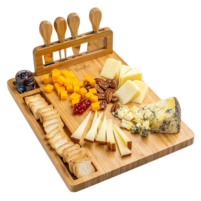 Bamboo Cheese Board and Knife Set - 14x11 inch Charcuterie Board with - Puck's
