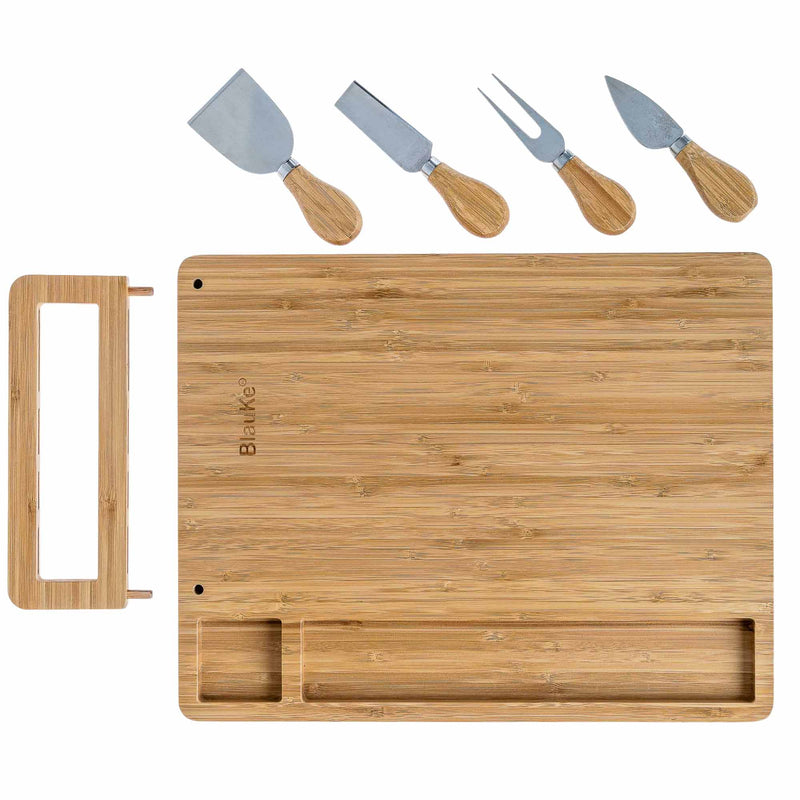 Bamboo Cheese Board and Knife Set - 14x11 inch Charcuterie Board with - Puck's