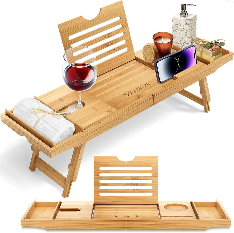 Bath Caddy Breakfast Tray Combo - Natural Bamboo Wood Waterproof Tub and Bed with Folding Slide-Out Arms, Device Grooves, Wine Glass Soap Holder - Puck's