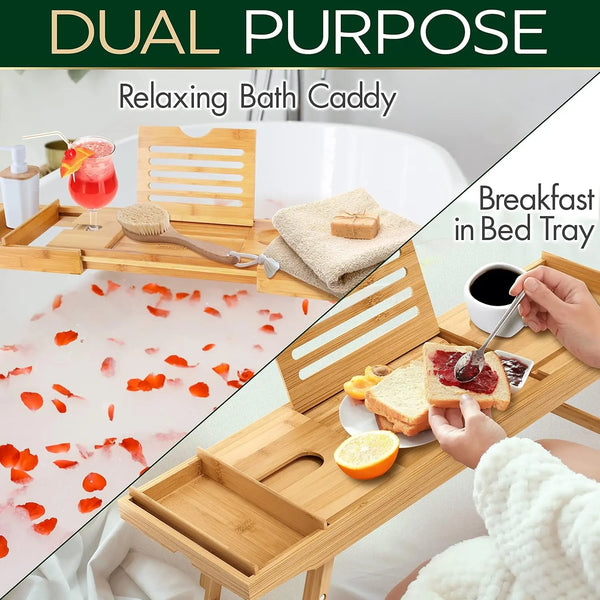 Bath Caddy Breakfast Tray Combo - Natural Bamboo Wood Waterproof Tub and Bed with Folding Slide-Out Arms, Device Grooves, Wine Glass Soap Holder - Puck's