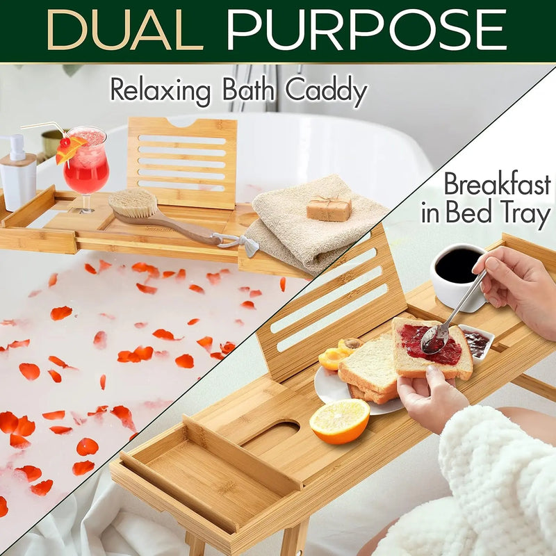 Bath Caddy Breakfast Tray Combo - Natural Bamboo Wood Waterproof Tub and Bed with Folding Slide-Out Arms, Device Grooves, Wine Glass Soap Holder - Puck's
