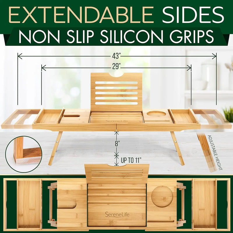 Bath Caddy Breakfast Tray Combo - Natural Bamboo Wood Waterproof Tub and Bed with Folding Slide-Out Arms, Device Grooves, Wine Glass Soap Holder - Puck's