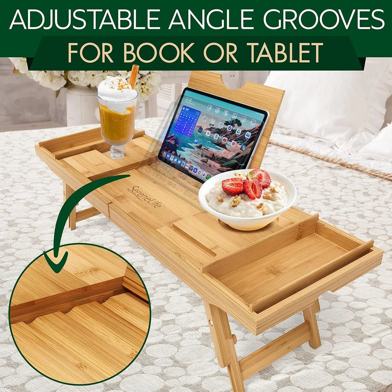 Bath Caddy Breakfast Tray Combo - Natural Bamboo Wood Waterproof Tub and Bed with Folding Slide-Out Arms, Device Grooves, Wine Glass Soap Holder - Puck's
