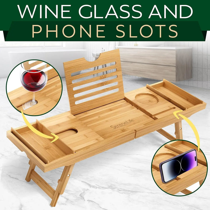 Bath Caddy Breakfast Tray Combo - Natural Bamboo Wood Waterproof Tub and Bed with Folding Slide-Out Arms, Device Grooves, Wine Glass Soap Holder - Puck's