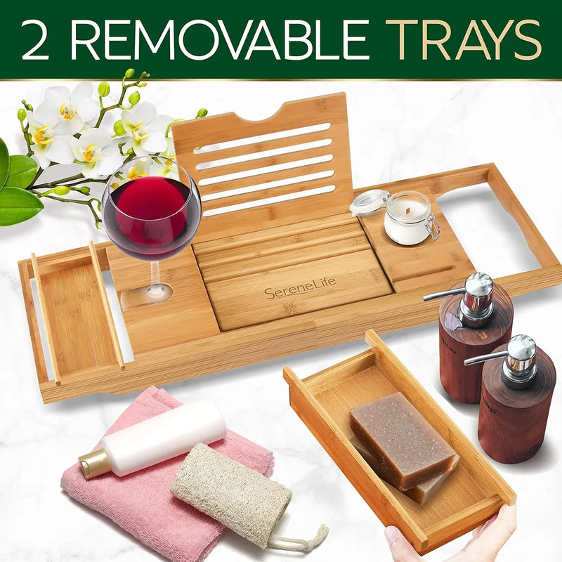 Bath Caddy Breakfast Tray Combo - Natural Bamboo Wood Waterproof Tub and Bed with Folding Slide-Out Arms, Device Grooves, Wine Glass Soap Holder - Puck's