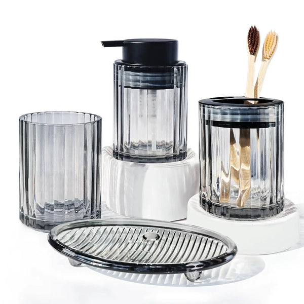 Bathroom Accessories Set, 4 Pcs Glass Bathroom Accessories Sets Complete W/Soap Dispenser, Soap Dish ,Toothbrush Holder,Tumbler, Bathroom Decor, Gift for Home Apartment, Black Grey - Puck's
