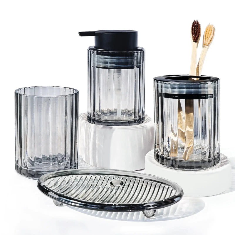 Bathroom Accessories Set, 4 Pcs Glass Bathroom Accessories Sets Complete W/Soap Dispenser, Soap Dish ,Toothbrush Holder,Tumbler, Bathroom Decor, Gift for Home Apartment, Black Grey - Puck's