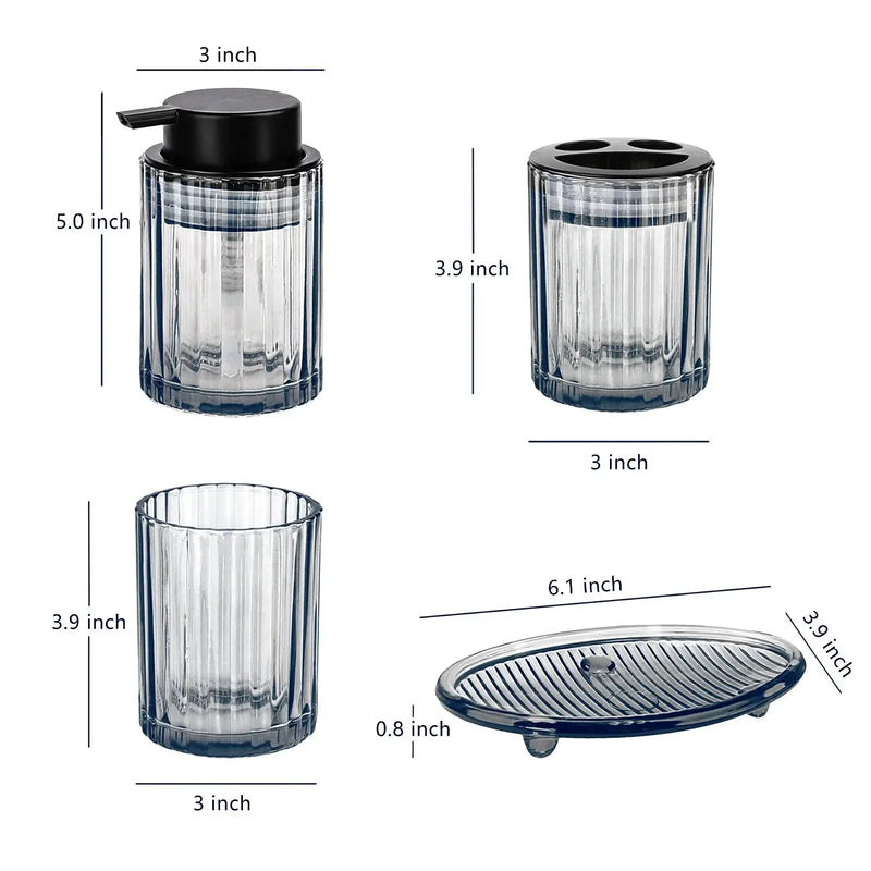 Bathroom Accessories Set, 4 Pcs Glass Bathroom Accessories Sets Complete W/Soap Dispenser, Soap Dish ,Toothbrush Holder,Tumbler, Bathroom Decor, Gift for Home Apartment, Black Grey - Puck's