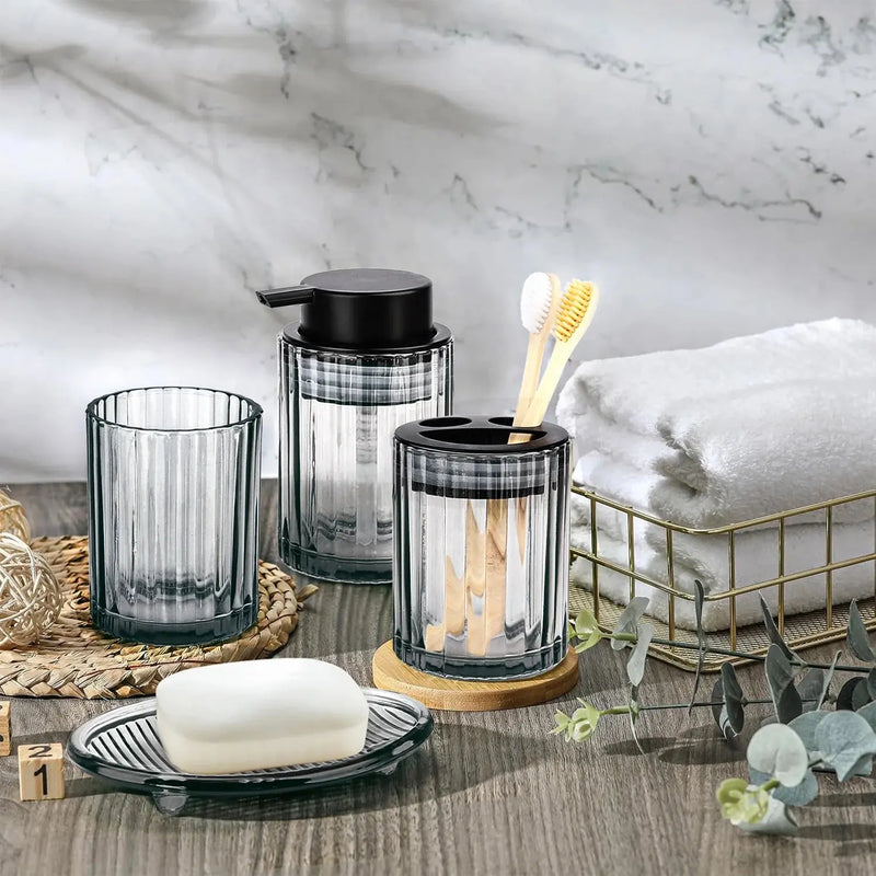 Bathroom Accessories Set, 4 Pcs Glass Bathroom Accessories Sets Complete W/Soap Dispenser, Soap Dish ,Toothbrush Holder,Tumbler, Bathroom Decor, Gift for Home Apartment, Black Grey - Puck's