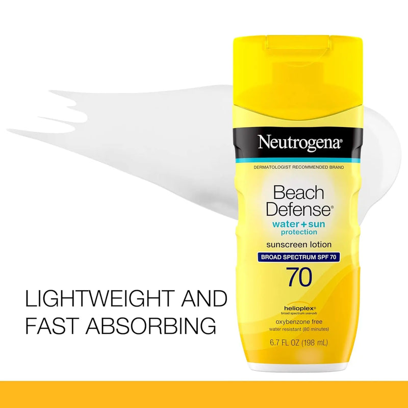 Beach Defense Face and Body Sunscreen Lotion with Broad Spectrum SPF 70, Offers UVA/UVB Protection, Water Resistant and Oil Free Sun Protection, Oxybenzone Free and Fast Drying, 6.5 OZ - Puck's