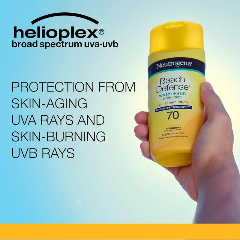 Beach Defense Face and Body Sunscreen Lotion with Broad Spectrum SPF 70, Offers UVA/UVB Protection, Water Resistant and Oil Free Sun Protection, Oxybenzone Free and Fast Drying, 6.5 OZ - Puck's