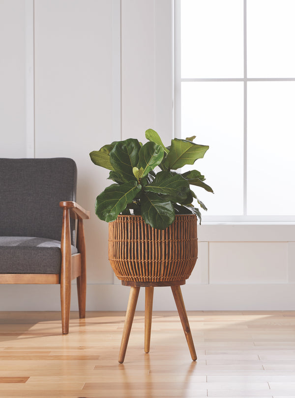 13 Inch round Brown Resin Rattan Planter & Stand with Acacia Wood Legs - Puck's