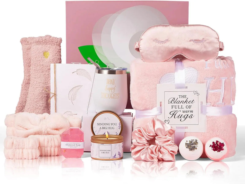 Birthday Gifts for Women, Get Well Soon Gifts for Women, Self Care Gifts for Women,10 Pcs Spa Gifts Basket with Luxury Flannel Blanket and Tumbler, Unique Valentine'S Day Gifts Idea for Women - Puck's