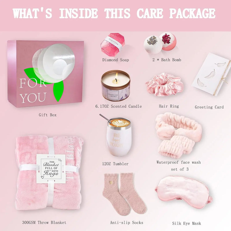 Birthday Gifts for Women, Get Well Soon Gifts for Women, Self Care Gifts for Women,10 Pcs Spa Gifts Basket with Luxury Flannel Blanket and Tumbler, Unique Valentine'S Day Gifts Idea for Women - Puck's