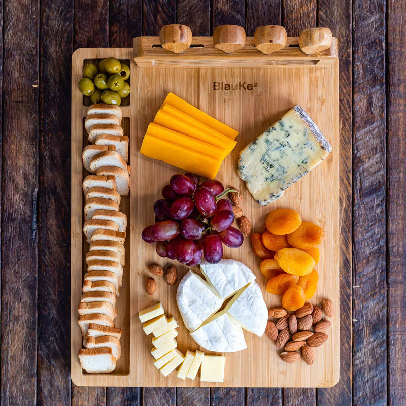 Bamboo Cheese Board and Knife Set - 14x11 inch Charcuterie Board with - Puck's