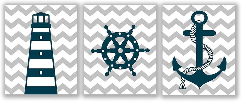 Blue Nautical Art Print Set of 3 (8”X10”) Lighthouse Steering Wheel Anchor Navigation Print for Baby Boy, Nautical Themed Canvas Wall Art, No Frame - Puck's