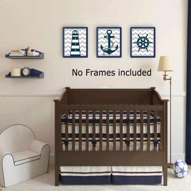 Blue Nautical Art Print Set of 3 (8”X10”) Lighthouse Steering Wheel Anchor Navigation Print for Baby Boy, Nautical Themed Canvas Wall Art, No Frame - Puck's