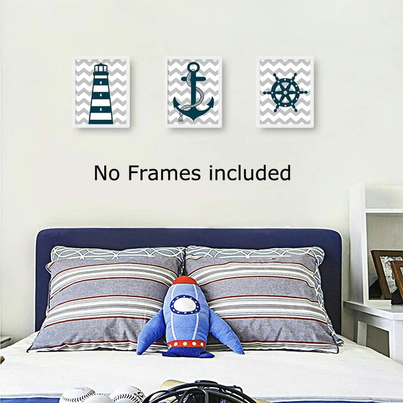 Blue Nautical Art Print Set of 3 (8”X10”) Lighthouse Steering Wheel Anchor Navigation Print for Baby Boy, Nautical Themed Canvas Wall Art, No Frame - Puck's