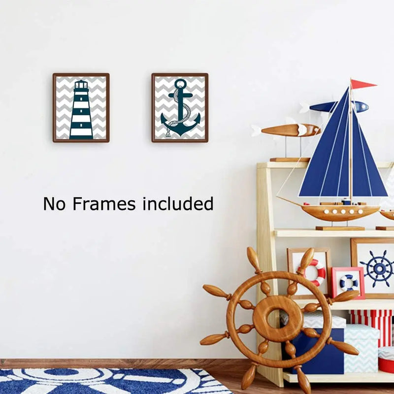 Blue Nautical Art Print Set of 3 (8”X10”) Lighthouse Steering Wheel Anchor Navigation Print for Baby Boy, Nautical Themed Canvas Wall Art, No Frame - Puck's