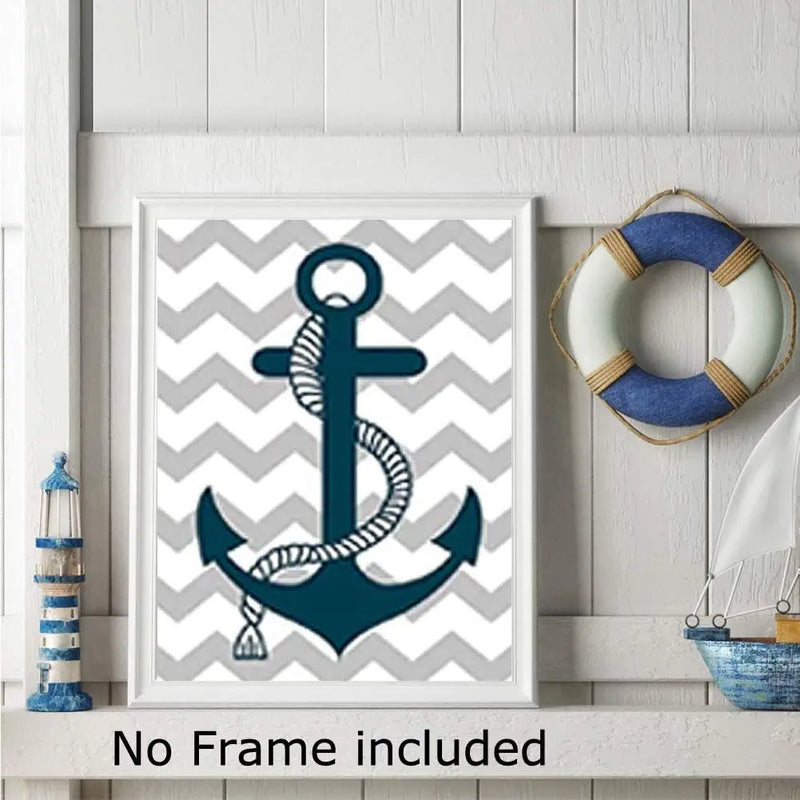 Blue Nautical Art Print Set of 3 (8”X10”) Lighthouse Steering Wheel Anchor Navigation Print for Baby Boy, Nautical Themed Canvas Wall Art, No Frame - Puck's
