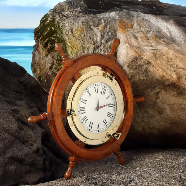 Brass Nautical Full Porthole Tim'Es Clock Ship Wheel | Pirate'S Maritime Vintage Gift (30 Inches) - Puck's