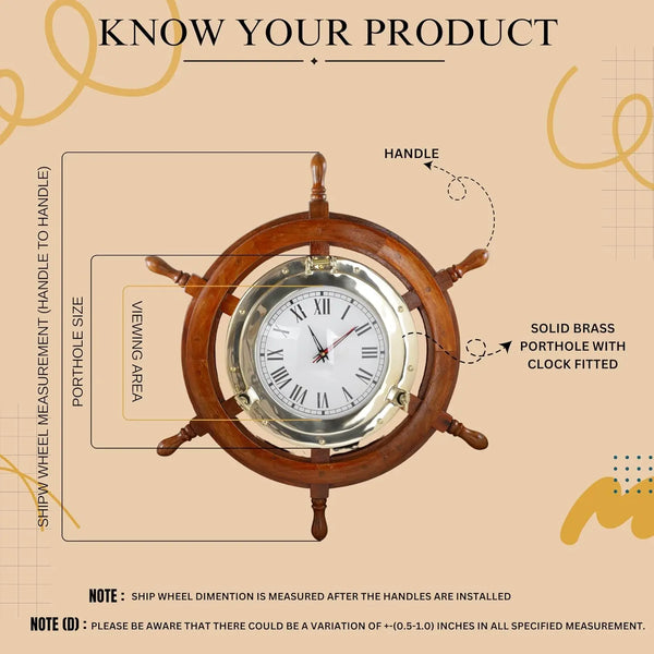 Brass Nautical Full Porthole Tim'Es Clock Ship Wheel | Pirate'S Maritime Vintage Gift (30 Inches) - Puck's