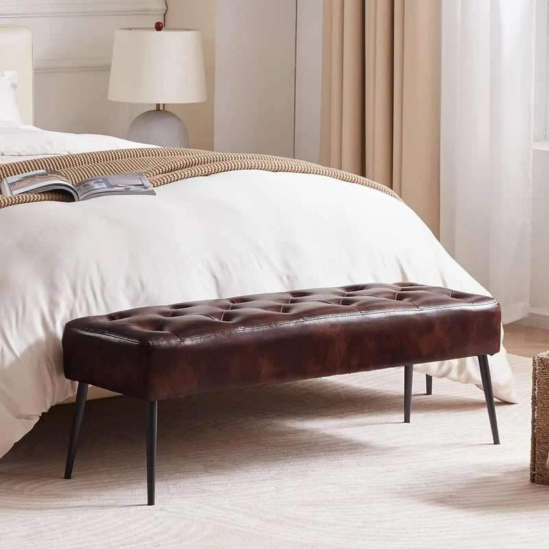 Button-Tufted Ottoman Bench, Upholstered Bedroom Benches Footrest Stool Dining Bench Leather Accent Bench for Entryway Dining Room Living Room Bedroom End of Bed, Dark Brown - Puck's