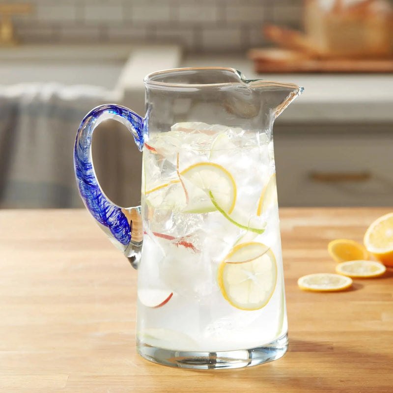 Cabos Blue-Handled Glass Pitcher, 90-Ounce - Puck's