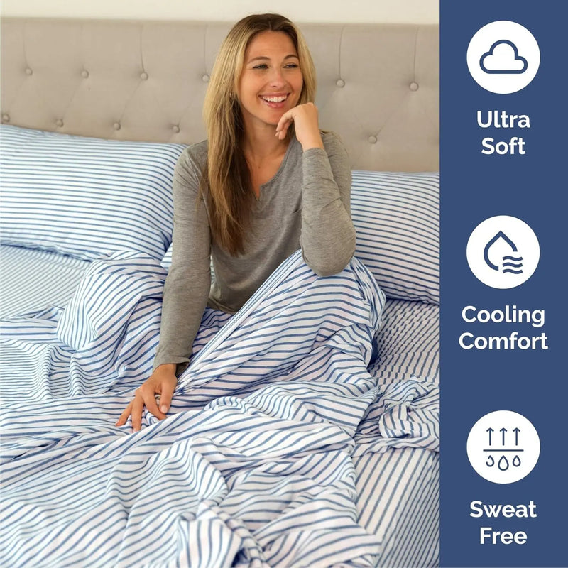 Cal King Size 4 Piece Sheet Set - Comfy Breathable & Cooling Bed Sheets Set - Hotel Luxury Bedding for Women, Men, Kids & Teens - Deep Pockets, Easy-Fit, Soft & Wrinkle Free - Oeko-Tex - Blue Stripes - Puck's