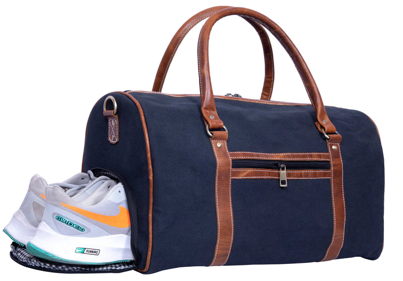 Canvas Genuine Leather Large Duffel Bag Overnight Weekender Bag - Puck's