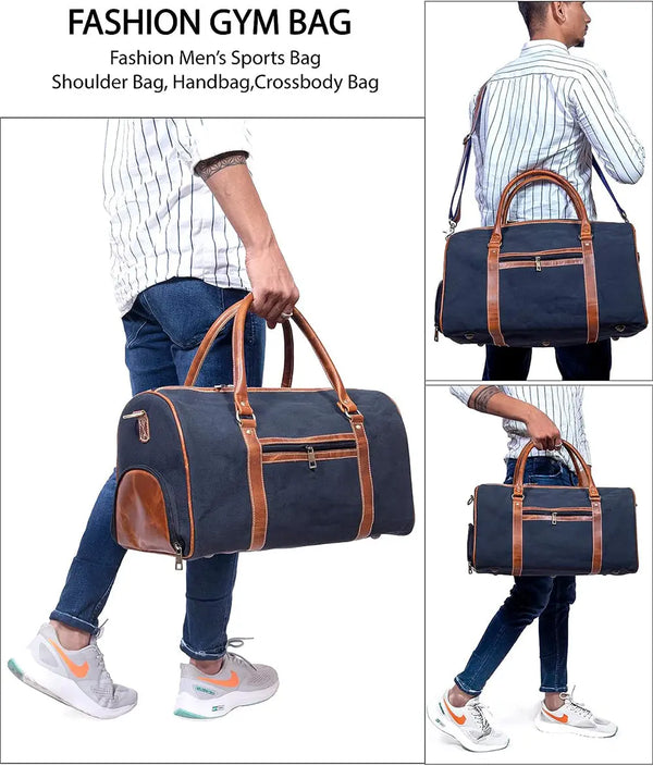 Canvas Genuine Leather Large Duffel Bag Overnight Weekender Bag - Puck's